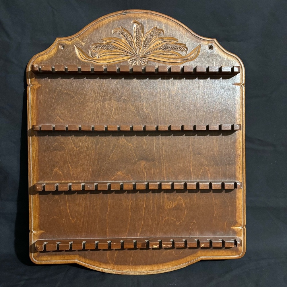 Vtg. Wood Carved Wheat Motif Wall Display with 64-slots for Collectible Spoons